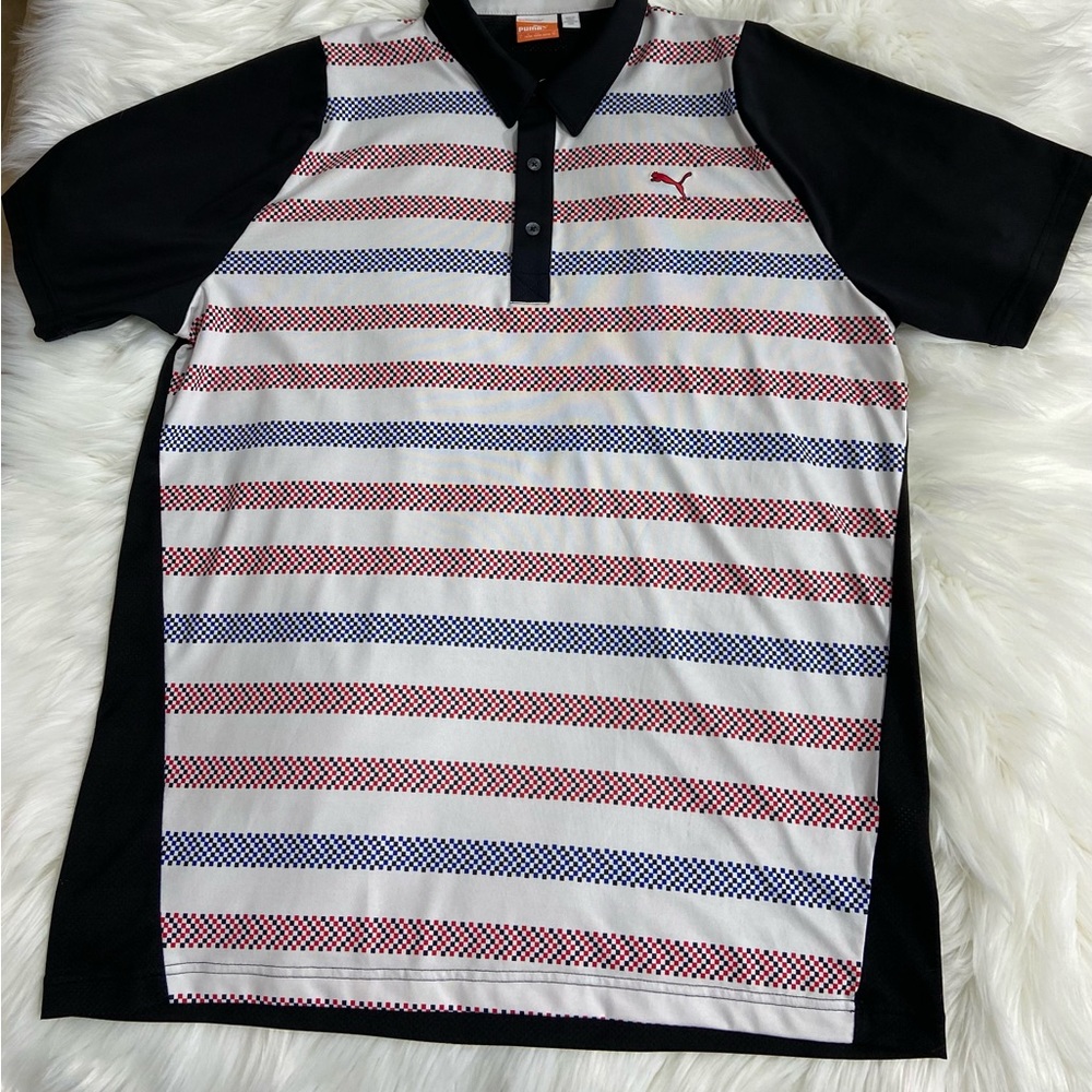 Puma t-shirt for men size L in black and white with blue and red stripes